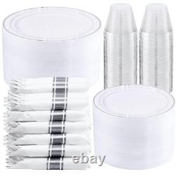 Plastic Dinnerware Set 350 Piece Silver Rim 10.25 Inch Dinner Plates 7.5 Inch