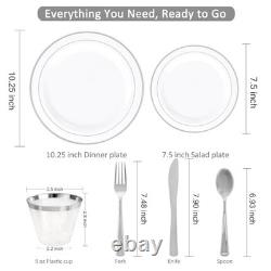 Plastic Dinnerware Set 350 Piece Silver Rim 10.25 Inch Dinner Plates 7.5 Inch