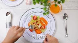 Plastic Dinnerware Set 350 Piece Silver Rim 10.25 Inch Dinner Plates 7.5 Inch