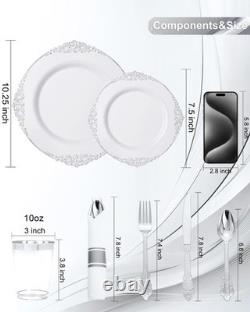 Plastic Plates 350PCS Silver for 50 Guests Nervure Dinnerware Sets Disposable