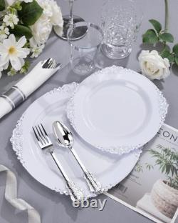 Plastic Plates 350PCS Silver for 50 Guests Nervure Dinnerware Sets Disposable