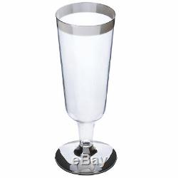 Plastic SILVER Rimmed CLEAR TALL Champagne GLASSES CUPS Disposable TABLEWARE