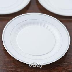 Plastic WHITE Silver Rim 10.25 PLATES Disposable Buffet Party Wedding Dinner