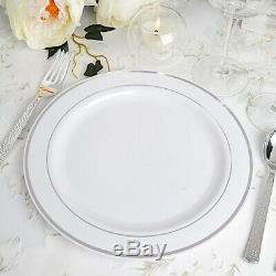 Plastic WHITE Silver Rim 10 PLATES Disposable Party Wedding Buffet Tableware