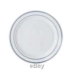 Plastic WHITE Silver Rim 10 PLATES Disposable Party Wedding Buffet Tableware