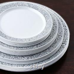 Plastic WHITE with Silver Rim 10.25 PLATES Disposable Party Wedding WHOLESALE