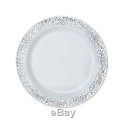 Plastic WHITE with Silver Rim 6.25 PLATES Disposable Party Wedding WHOLESALE
