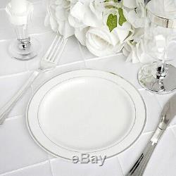 Plastic WHITE with Silver Rim 6 PLATES Disposable Party Wedding WHOLESALE