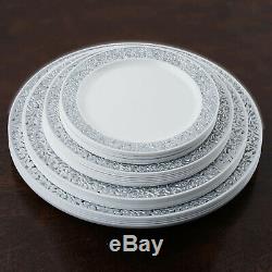 Plastic WHITE with Silver Rim 7.5 PLATES Disposable Wedding Party WHOLESALE