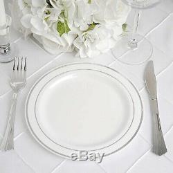 Plastic WHITE with Silver Rim 8 PLATES Disposable Party Wedding WHOLESALE