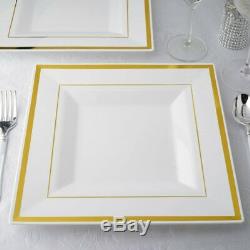 Plastic White 10.75 Square Plates with Gold Rim Disposable Wedding TABLEWARE