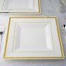 Plastic White 10.75 Square Plates With Gold Rim Disposable Wedding Tableware