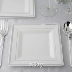 Plastic White 6.5 Square Plates with Silver Rim Disposable Wedding TABLEWARE