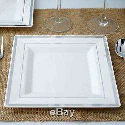 Plastic White 8 Square Plates with Silver Rim Disposable Wedding TABLEWARE SALE