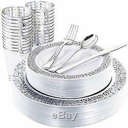 Plates 25Guest Silver Plastic With Disposable Silverware&Silver Rim Cups
