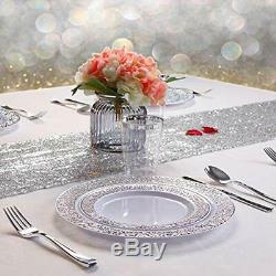 Plates 25Guest Silver Plastic With Disposable Silverware&Silver Rim Cups