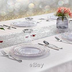 Plates 25Guest Silver Plastic With Disposable Silverware&Silver Rim Cups