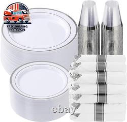 Platos De Plastico Para Fiesta De Boda Borde Blanco Plateado 350 Platos Llanos