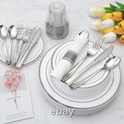 Platos De Plastico Para Fiesta De Boda Borde Blanco Plateado 350 Platos Llanos