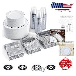Premium Heavy-Duty Silver Rimmed Disposable Dinnerware Set for 100 Guests