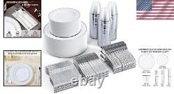 Premium Heavy-Duty Silver Rimmed Disposable Dinnerware Set for 100 Guests