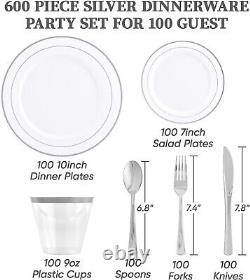 Premium Heavy-Duty Silver Rimmed Disposable Dinnerware Set for 100 Guests