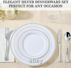 Premium Heavy-Duty Silver Rimmed Disposable Dinnerware Set for 100 Guests
