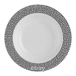 Round Disposable White Plastic Plates with Hammered Silver Rim China Selection