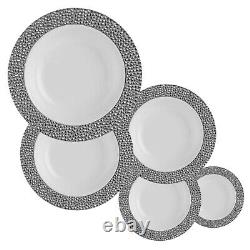 Round Disposable White Plastic Plates with Hammered Silver Rim China Selection