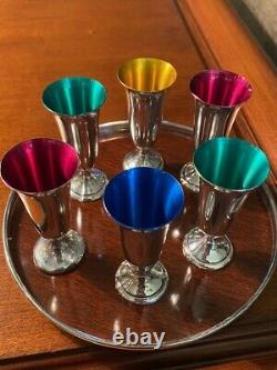 Set of 6 ALVIN STERLING S247 Colored Cordials, Sterling Rimmed Plastic Tray