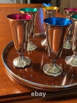 Set of 6 ALVIN STERLING S247 Colored Cordials, Sterling Rimmed Plastic Tray