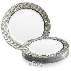 Shiny Silver Hammered Rim Disposable Plastic Plates Party Wedding Sets 120pcs
