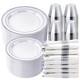 Silver 10 In Ceramic White And Rim Plastic Disposable Party Dinnerware Set For 5
