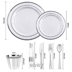 Silver 10 in Ceramic White and Rim Plastic Disposable Party Dinnerware Set for 5