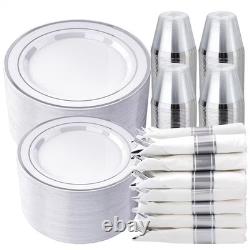 Silver 10 in Ceramic White and Rim Plastic Disposable Party Dinnerware Set for 5