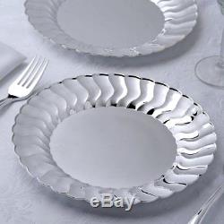 Silver Flared Rim Plastic 9 Round Plates Disposable Party Wedding Catering SALE