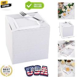 Silver Plastic Dessert Plates with Plastic Forks 6 100 Square Disposable A