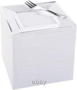 Silver Plastic Dessert Plates with Plastic Forks 6 100 Square Disposable A