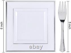 Silver Plastic Dessert Plates with Plastic Forks 6 100 Square Disposable A