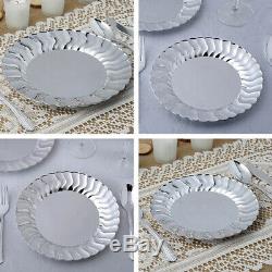 Silver Plastic Round Plates with Flared Rim Party Wedding Disposable Tableware