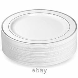 Silver Rimmed Plastic Dinner Plates (100 Pack) 10.25 Inch Heavyweight White Or