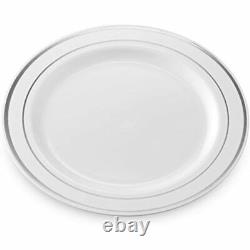 Silver Rimmed Plastic Dinner Plates (100 Pack) 10.25 Inch Heavyweight White Or