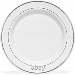 Silver Rimmed Plastic Dinner Plates (100 Pack) 10.25 Inch Heavyweight White Or