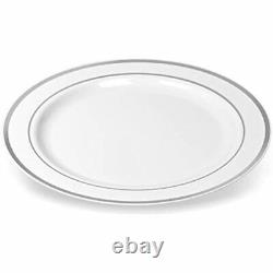 Silver Rimmed Plastic Dinner Plates (100 Pack) 10.25 Inch Heavyweight White Or