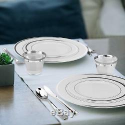 Stately Elegance Designs 200 Piece White and Silver Rimmed Plastic Plate Set