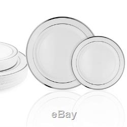 Stately Elegance Designs 200 Piece White and Silver Rimmed Plastic Plate Set