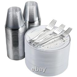 Stylish 7.5 Inch White and Silver Plastic Plates, Disposable Forks, Cups and