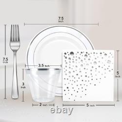 Stylish 7.5 Inch White and Silver Plastic Plates, Disposable Forks, Cups and