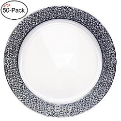 Tiger Chef 50-Pack 13 inch Round Clear with Silver Rim Hammered Plastic Charger