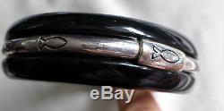 Vintage 70's Black Bangle Bracelet W, Silver Rim Fish Design